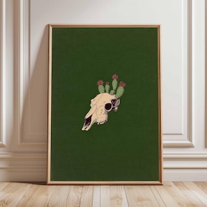 Póster retro de calavera del desierto, arte mural de cactus del oeste, estampado de calavera de vaca bohemio vintage, decoración minimalista del hogar del suroeste