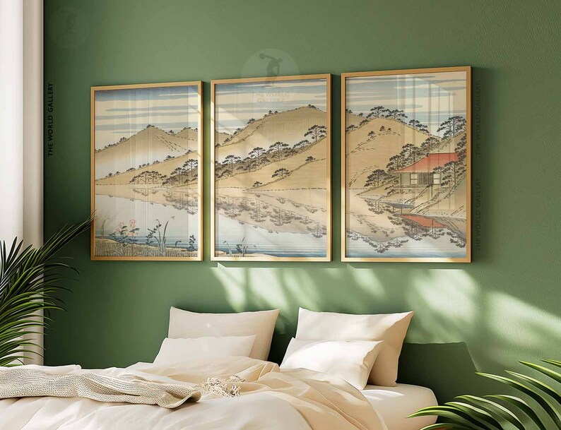 Set of 3 Japanese Floral Posters, Gold Japanese Prints, Botanical Wall