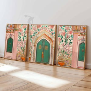 Rajasthan Wall Art Set of 3, Indian Palace Door Print, Pink City Jaipur Architecture Poster, Mughal Floral Decor, Boho Cultural Artwork