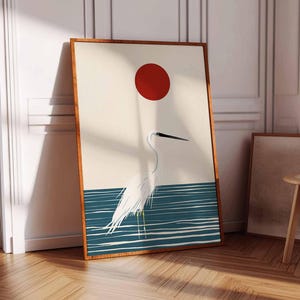 Snowy Egret Art Print, Minimalist Heron Art Print, Coastal Bird Poster, Modern Egret Wall Art, Nautical Wildlife Decor, Scandinavian Decor