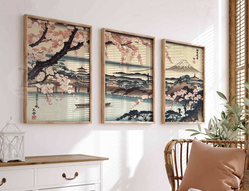 Set of 3 Japanese Floral Posters, Gold Japanese Prints, Botanical Wall
