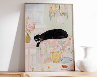 Lámina artística de gato negro, estilo vintage, decoración acogedora para el hogar.
