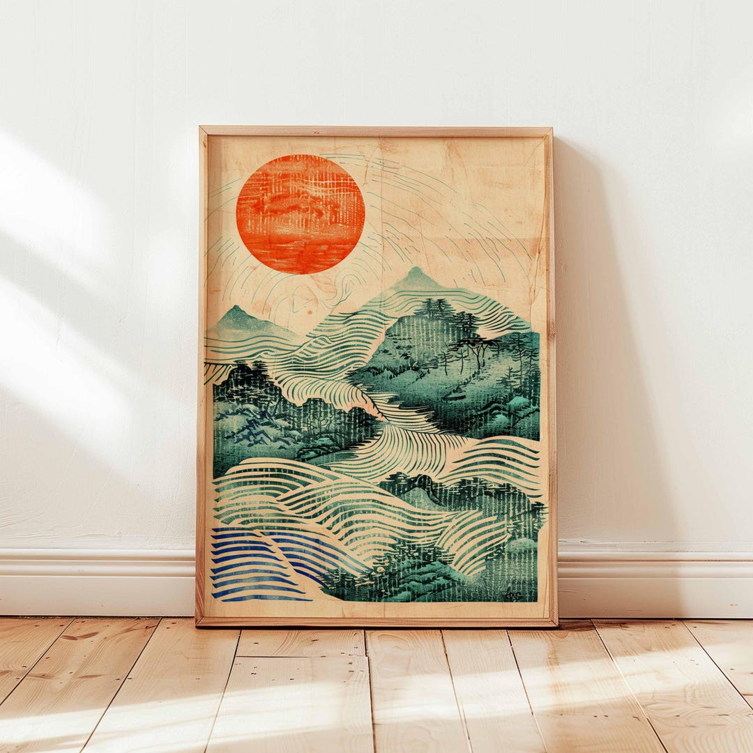 Japanese Mountain & Sun Art Print | Ukiyo-e Style Landscape Poster ...