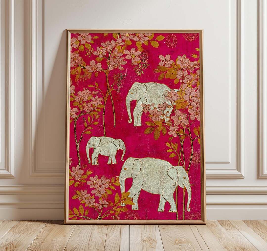 Indian Elephant Floral Print, Bohemian Wall Art, Pink and Gold Oriental ...
