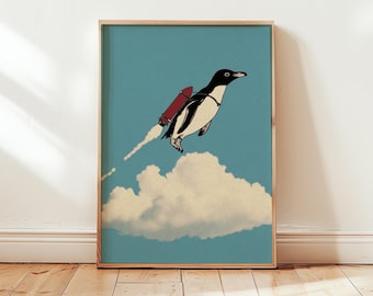 Penguin Wall Art Print, Whimsical Surreal Illustration, Flying Penguin Poster, Modern Pop Art Decor, Playful Contemporary Artwork