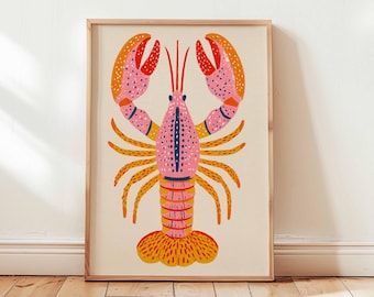 Póster de langosta colorida: atrevida impresión náutica para pared, decoración retro de cocina costera, ilustración brillante de crustáceos para la playa o el hogar.
