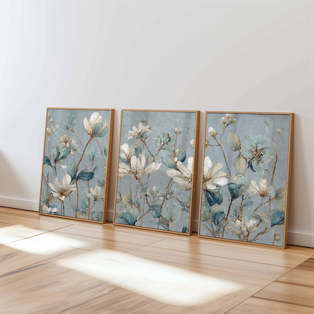 Blue Floral Wall Art Prints Set of 3, Modern Botanical Posters, Elegant ...