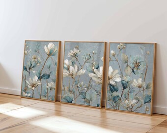 Blue Floral Prints Set, Modern Botanical Wall Art