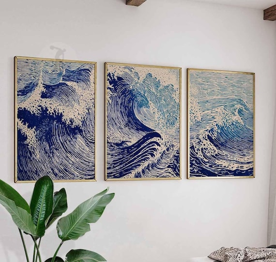Japanese Wave Art Prints, Navy Blue Beige Ocean Poster Trio