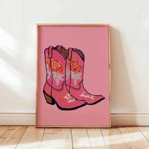 Pink Cowgirl Boots Poster, Western Wall Art Print, Retro Country Girl Decor, Floral Cowboy Boot Illustration for Bedroom or Studio
