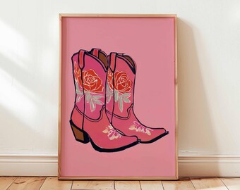 Pink Cowgirl Boots Poster, Retro Western Wall Art