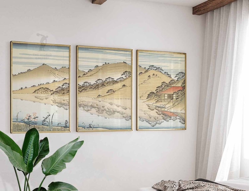 Set of 3 Japanese Floral Posters, Gold Japanese Prints, Botanical Wall