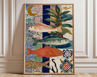 Boho Poster, Mittelmeer Wandbild, Fisch-Collage