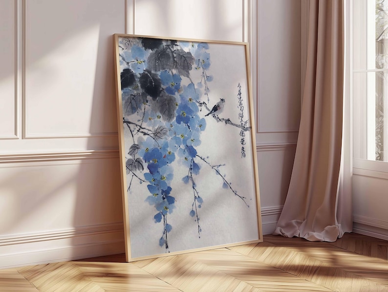 Japanese Blue Flower Wall Art Print, Oriental Ink Painting Poster ...