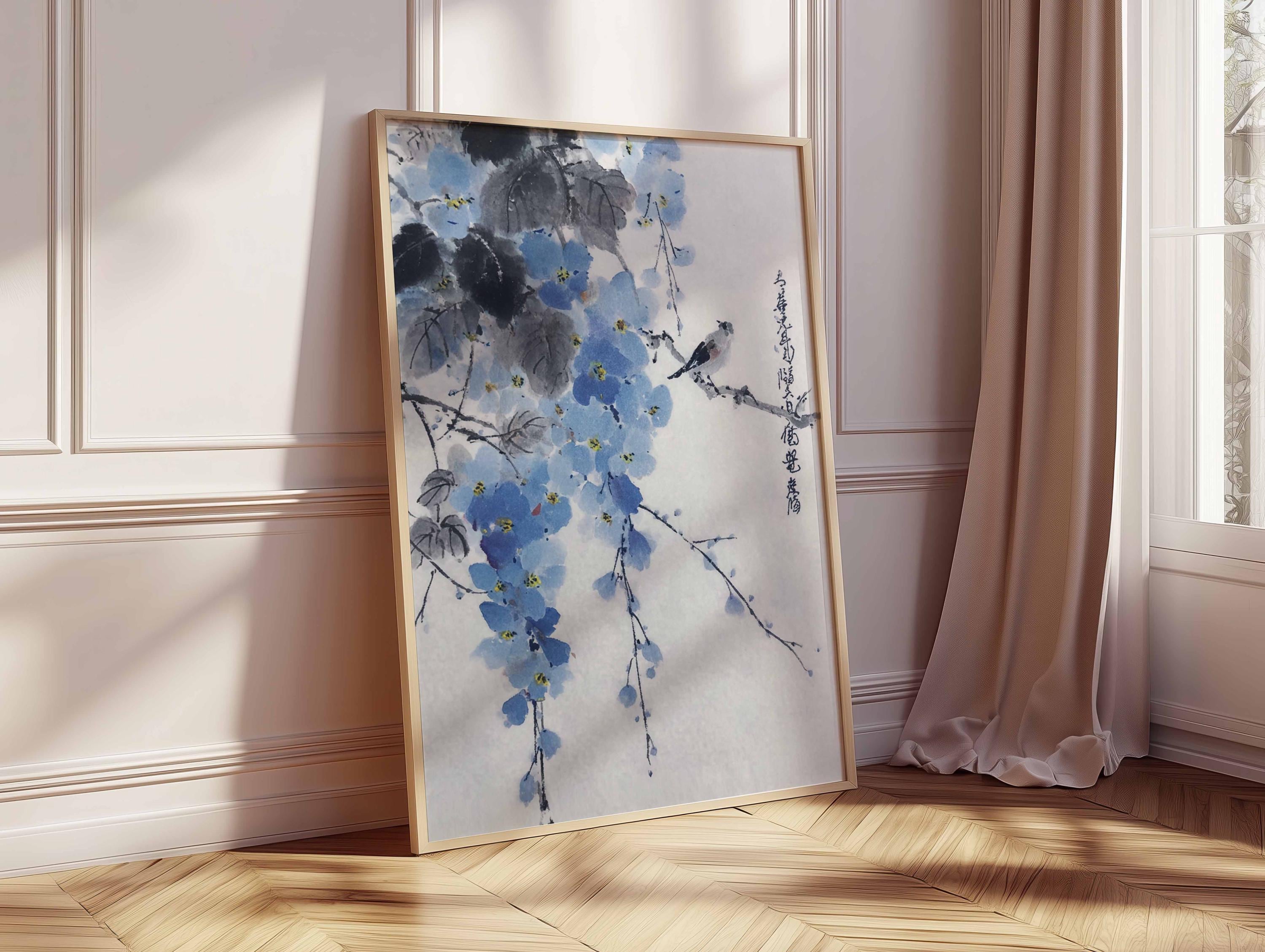 Japanese Blue Flower Wall Art Print, Oriental Ink Painting Poster ...
