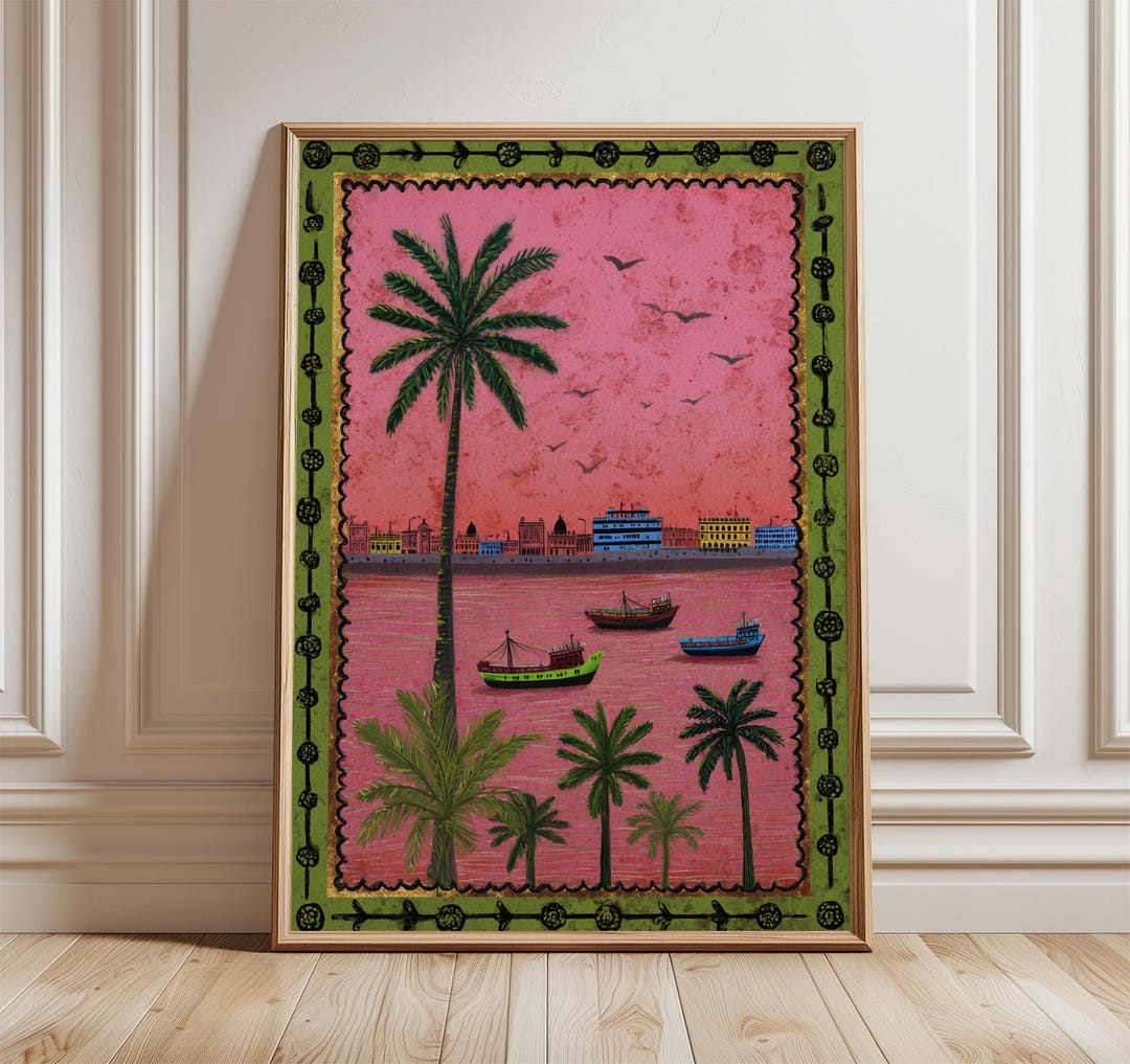 Casablanca Harbor Poster, Moroccan Coastal Wall Art, Pink Ocean Sunset ...