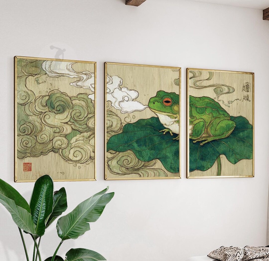 Japanese Frog Art Print Set | Ukiyo-e Toad on Lotus Leaf - Etsy