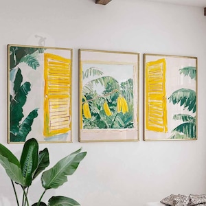 Ventana abierta inspirada en Henri Matisse, juego de 3 láminas, estampado floral, estampados botánicos, arte tropical, arte mural de Henri Matisse, póster de paisaje