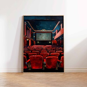 May include: A painting of a movie theater interior with rows of red seats facing a large screen. The theater is empty and the lights are off, creating a dark and mysterious atmosphere.