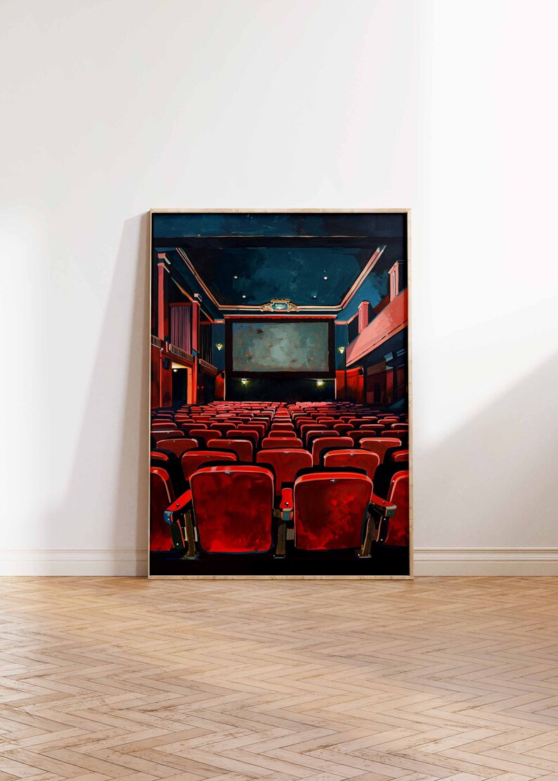 May include: A painting of a movie theater interior with rows of red seats facing a large screen. The theater is empty and the lights are off, creating a dark and mysterious atmosphere.