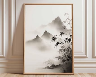 May include: A framed black and white print of a misty mountain landscape with bamboo. The artwork features a traditional Asian-inspired ink wash painting style, with soft gradients and detailed bamboo leaves.