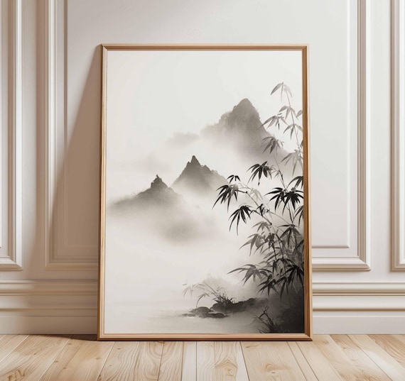 日本の山霧のポスター、禅の風景画、白黒の壁アート、ミニマリストの