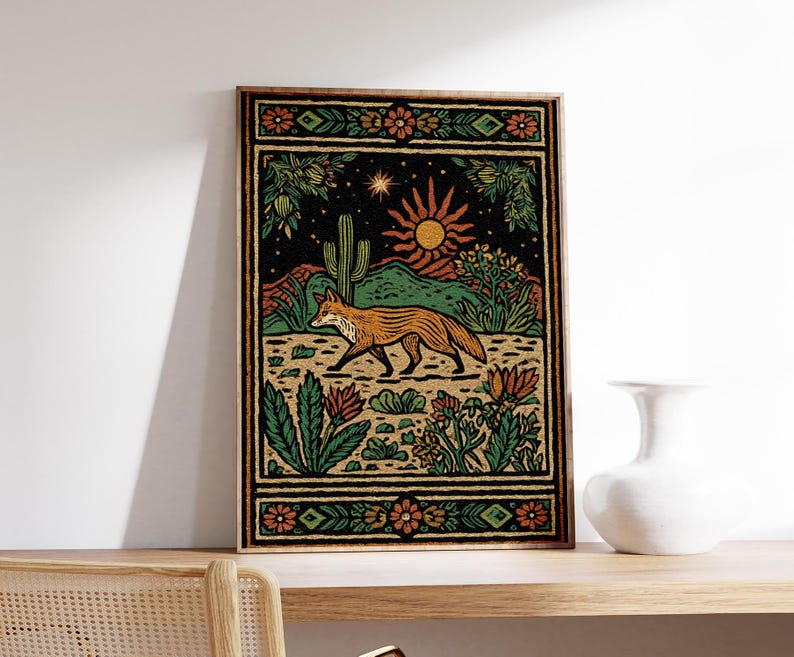 May include: A framed art print featuring a desert landscape with a fox. The artwork has a black background with a sun, cactus, and various plants. The fox is orange and brown, and the frame is brown.