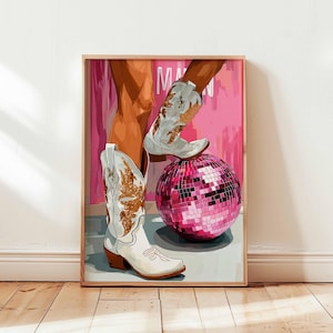 Pink Cowgirl Boots Disco Ball Poster, Western Wall Art, Retro Country Girl Decor, Floral Cowboy Boot Illustration for Bedroom or Studio