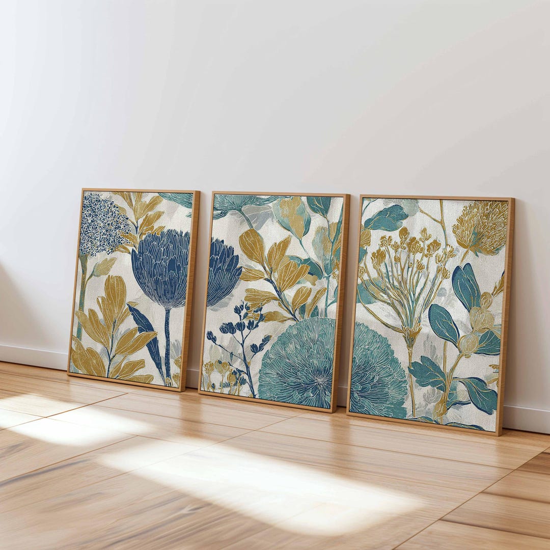 Blue and Gold Botanical Print Set, Teal Flower Wall Art - Etsy