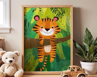 Lachende tijger kinderkamerprint, jungle dieren kinderkamerdecoratie