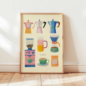 Coffee Lover Poster – Colorful Coffee Maker Wall Art Print, Barista Decor with Mugs & Espresso Machine, Cute Kitchen or Café Artwork