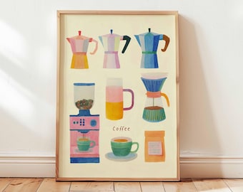 May include: Watercolor print of various coffee-making equipment, including colorful stovetop espresso makers, a coffee grinder, a pour-over setup, and a coffee cup. The word "Coffee" is written in the center of the image. The artwork is framed in a light wood frame.