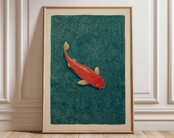 Japanese Koi Fish Art Print, Minimalist Zen Decor