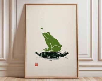 Japanese Frog Poster, Minimalist Woodblock Print, Zen Home Decor