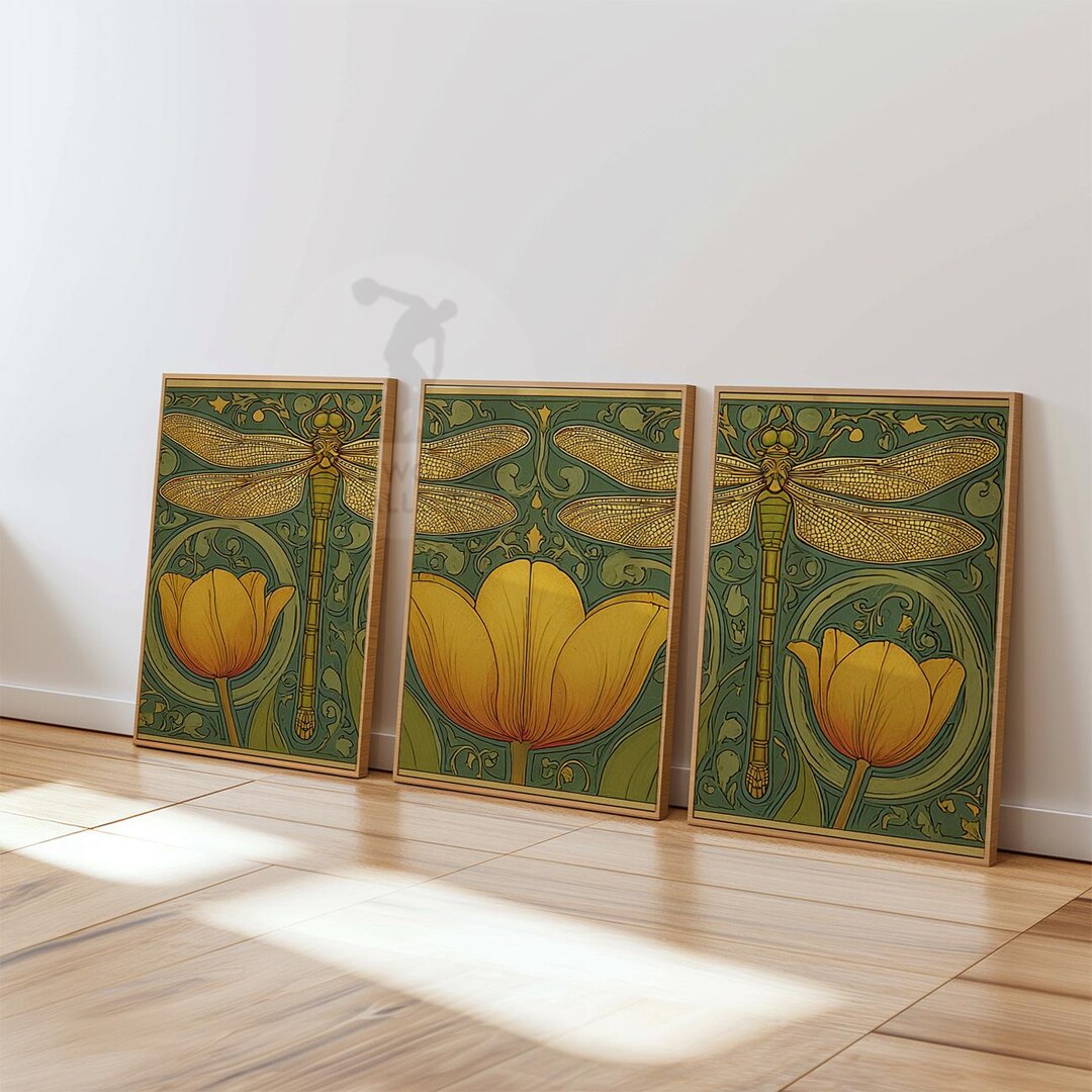 Dragonfly and Tulip Wall Art Set of 3 | Art Nouveau Nature Print in ...