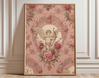 Cupid Wall Art Print, Vintage Cherub Poster with Roses, Romantic Angel Artwork, Baroque Style Home Decor, Valentine’s Day Wall Art