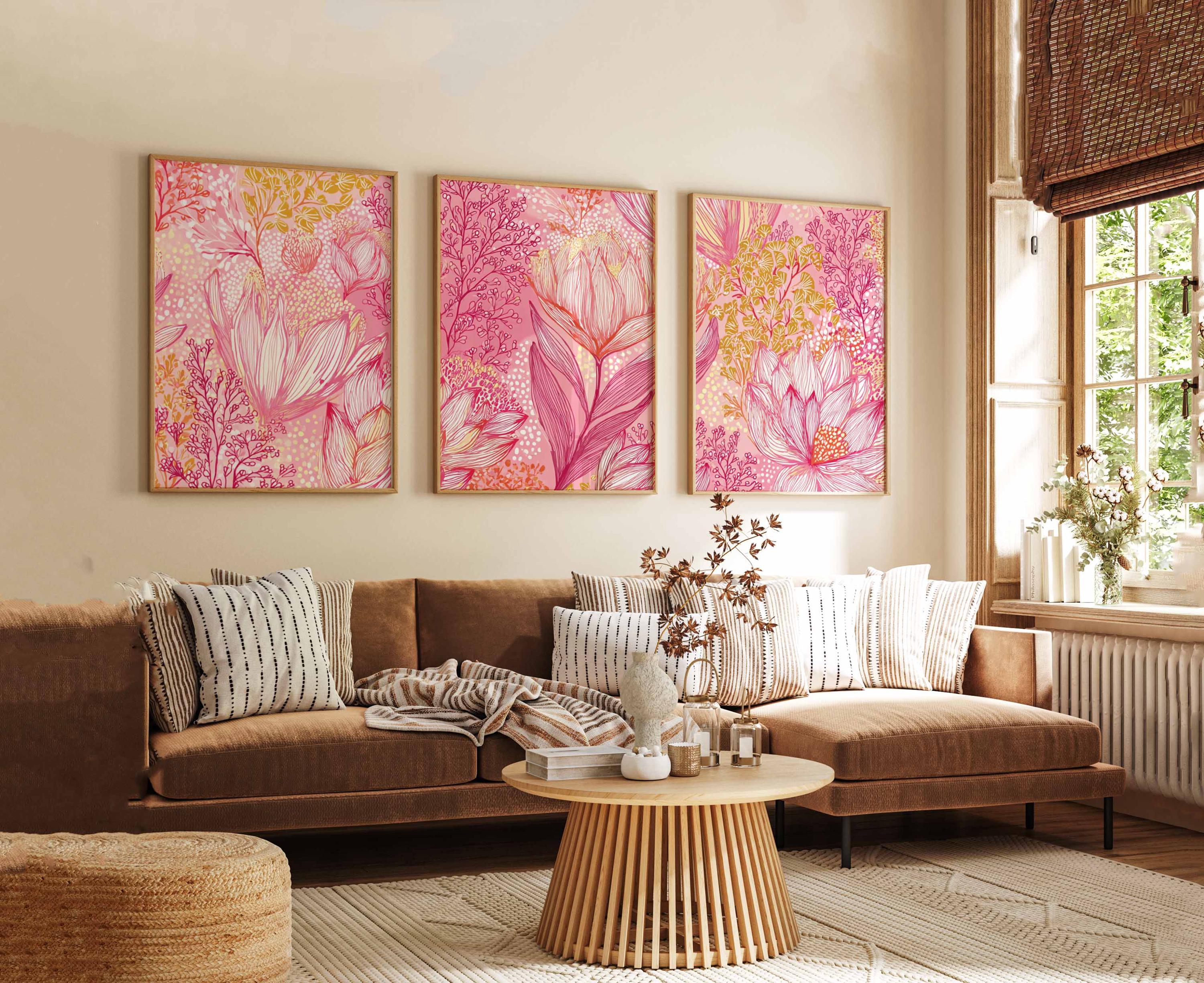 Pink Floral Wall Art Prints Set of 3, Modern Botanical Posters, Vibrant ...