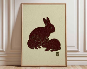 Retro konijnenposter, Japans geïnspireerde konijnenprint, boho woondecoratie