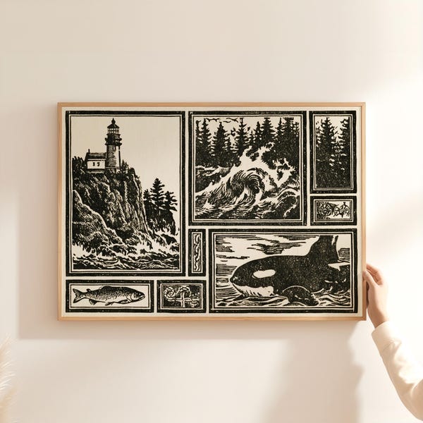 May include: A rectangular framed wall art print featuring a collection of black and white linocut-style illustrations. The artwork displays a lighthouse on a cliff, a crashing ocean wave, a forest, a fish, a coiled rope, and an orca whale.