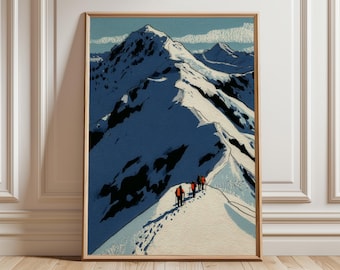 May include: A framed print of a mountain range with snow-covered peaks. The artwork depicts a group of hikers in orange jackets traversing a snowy ridge. The color palette includes shades of blue, white, and brown, creating a serene landscape scene.