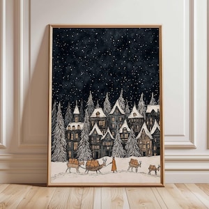 Póster de pueblo navideño, ilustración navideña, decoración navideña de noche nevada, impresión festiva de pueblo invernal, regalo navideño