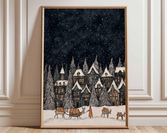 Christmas Village Poster, Illustration Style Holiday Wall Art, Snowy Night Christmas Decor, Winter Town Festive Print, Holiday Gift Artwork