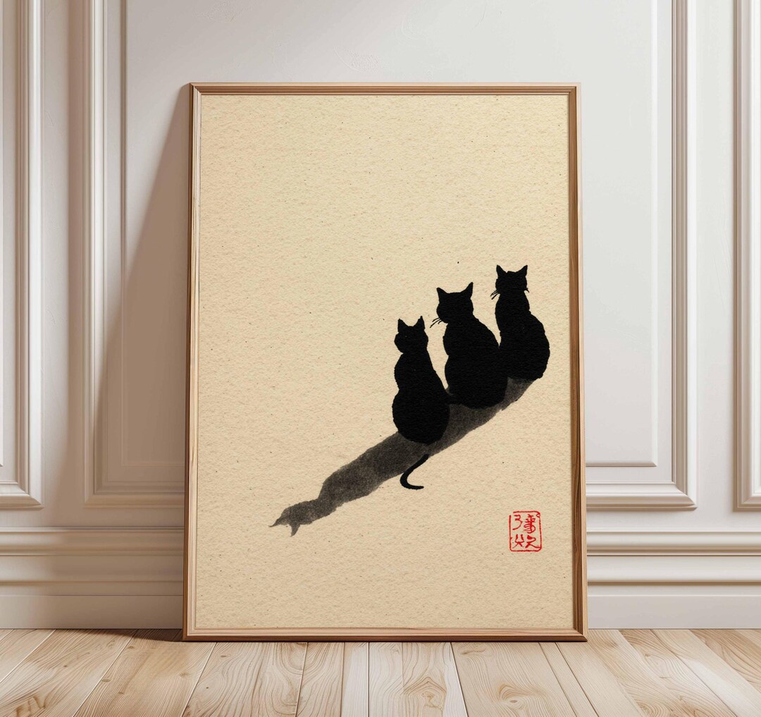 Japanese Cat Art Print, Minimalist Ink Painting, Zen Animal Wall Art ...