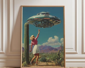 Plakat pin-up z UFO w stylu retro, wydruk z motywem statku kosmicznego w stylu science fiction z lat 50. XX wieku