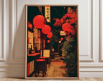 Tokyo Japan Oil Painting – Lantern Street Night Scene Wall Art