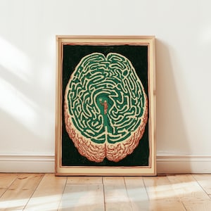 May include: A framed rectangular art print featuring a stylized human brain depicted as a green maze against a dark background. A small figure stands in the center of the maze holding a light. The lower portion of the brain has a textured, reddish-brown appearance, all enclosed within a light-colored wooden frame.