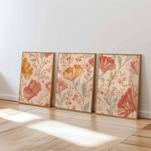 Vintage Floral Wall Art Set of 3, Botanical Line Art Prints in Warm Tones, Modern Boho Flower Artwork for Bedroom or Living Room Decor