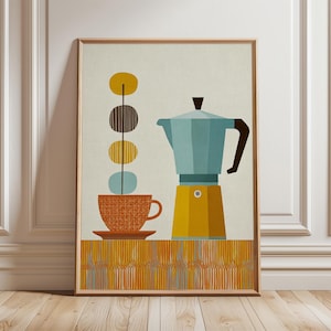 Peut inclure: Impression encadrée d'une illustration moderne du milieu du siècle représentant une cafetière, une tasse et des formes abstraites. La cafetière est jaune et bleue, la tasse est orange et les formes sont jaunes, marron et bleues. Fond crème.