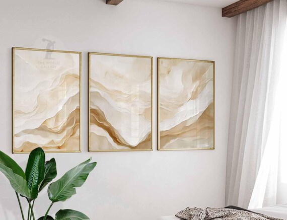 Set of 3 Neutral Abstract Prints, Minimalist Wall Art, Beige