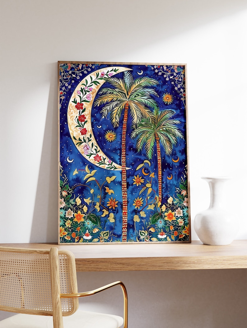May include: A framed illustration of three palm trees with a crescent moon and stars on a blue background. The moon is decorated with flowers and vines. The background is filled with a variety of flowers and foliage.